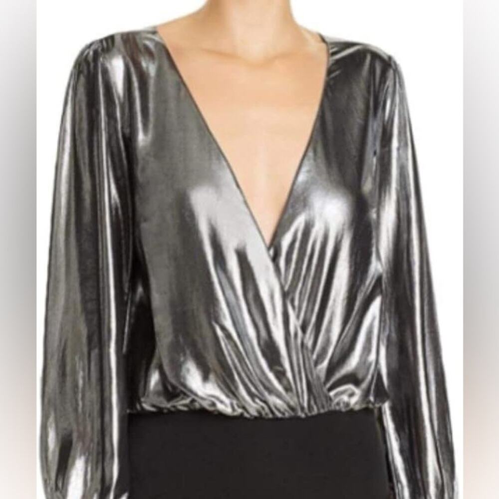 NWT Express Metallic Silver V-Neck Draped Stretchy Long Sleeved Soft Bodysuit L